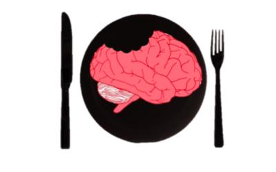 drawing of fork, knife, plate, and a brain